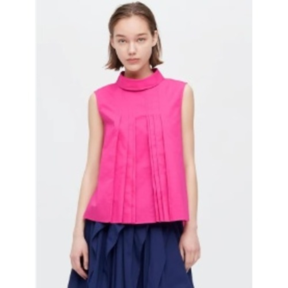 Marni Uniqlo Pleated Blouse Shirt Womens S Pink Sleeveless Collar Cotton Chic